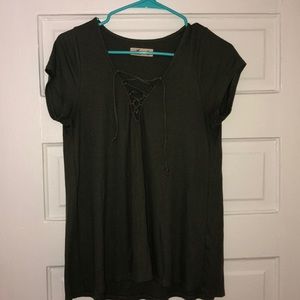 Olive Green Lace Up Front Tee